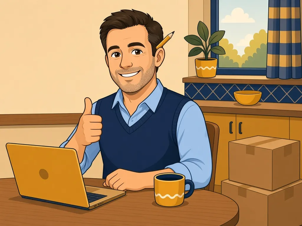 Payroll Dad at his kitchen table with a laptop and moving boxes, giving a thumbs-up